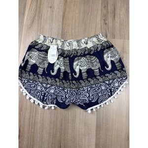 Daisy Island Womens Navy Elephant Paisley Pom Pom Trim Shorts Size XS Boho